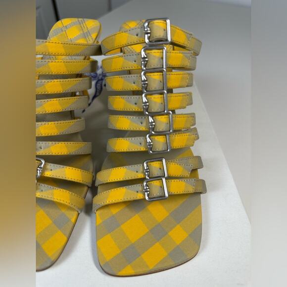 NWB Burberry Carmine Check Sandals Women's 8 Yellow/Green Buckled Strap Slip On - Picture 13 of 15